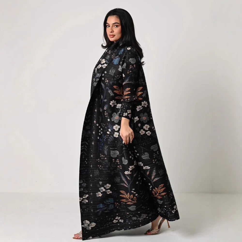 Abaya Miyake Pleated Printed Robe Jacket Arabian Dubai Style Women's Long Sleeve Conservative Demure Muslim Trench Coat 55inches