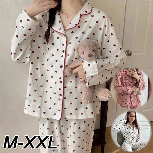 M-XXL Large Size Nightwear Women Sleepwear Autumn and Winter Cardigan Home Wear Peach Heart Long Sleeves School Silk Pajamas.