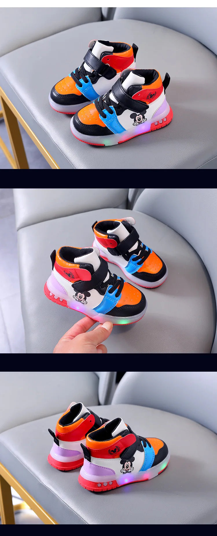 Disney Girls' Causla Shoes PU Leather Mickey Mouse LED Luminescent Children's Sneaker 1-6 Year Old Boys' Sports Casual Shoes.