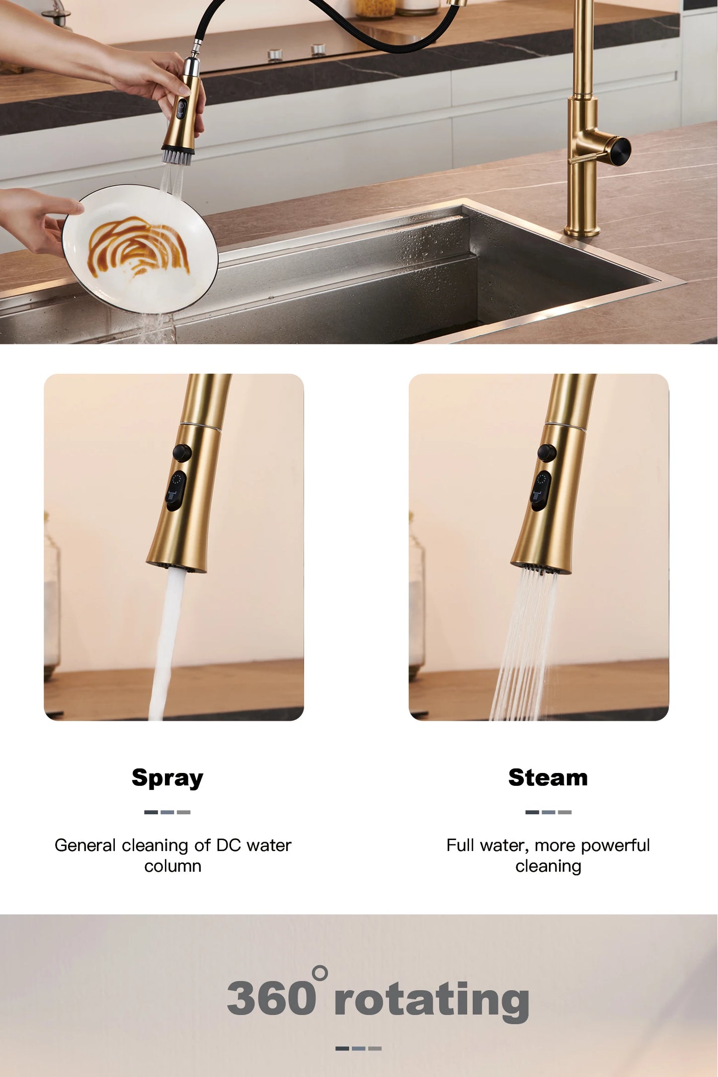 Luxury brushed gold kitchen faucet with pull-out design, 1-hole single handle cold and hot dual control dual function sink Tap