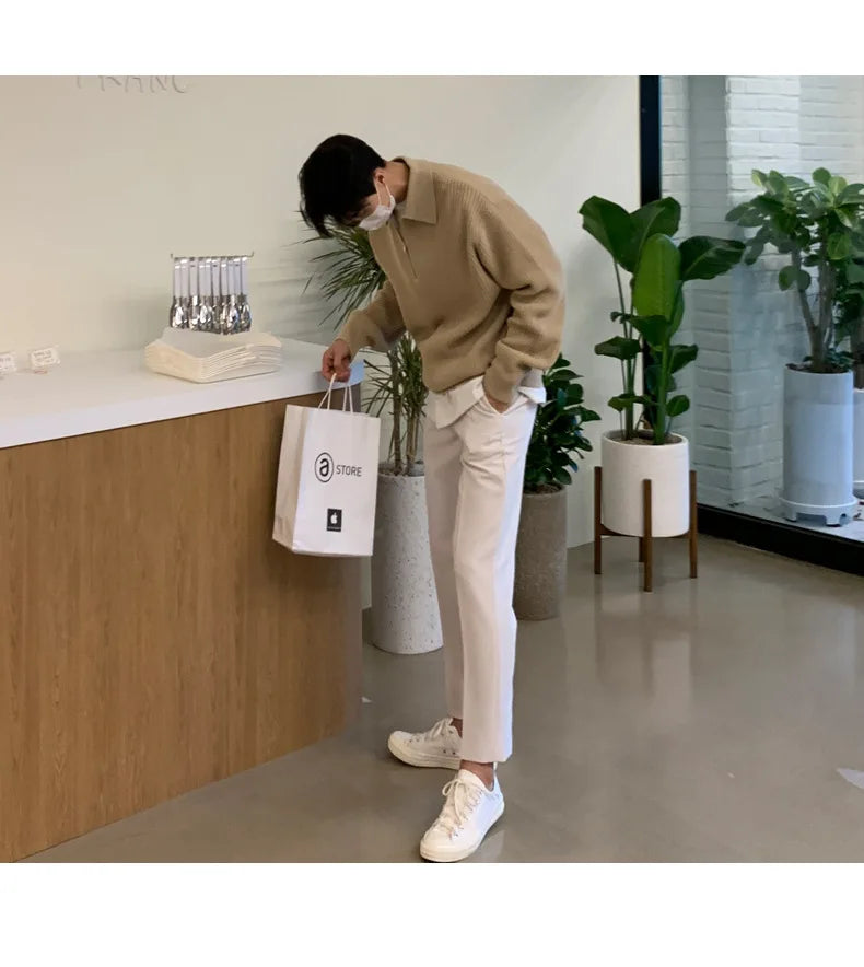 Half Zipper Sweater Men's Autumn and Winter Japanese Retro Korean Lapel Sweater Loose Casual Thread Trend.