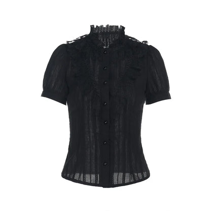 Sweet Lolita Cotton Shirts Women Vintage Gothic Black White Jacquard Short Sleeve Blouses Elegant Office Lady Y2k Tops.