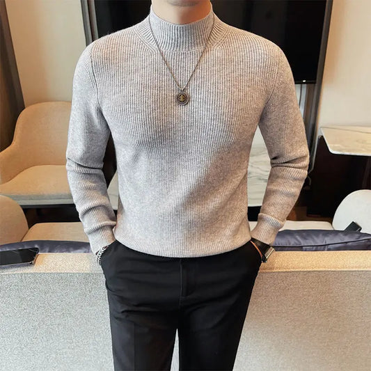 Half Turtleneck Sweater Men with Striped Wool in Autumn Winter Thickened Slightly Loose Base Knitted.