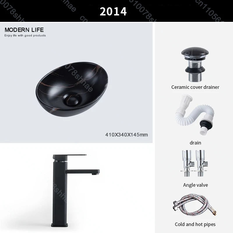 Luxuriöses Vintage-Keramikgefäßwaschbecken für Badezimmer, Waschtisch, Kunstbecken über der Theke, Waschbecken mit Abflusszubehör, Arbeitsplatte