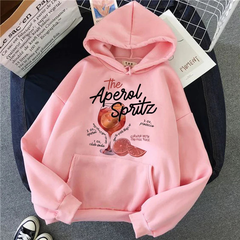 Aperol Spritz Retro Cocktail Graphic Hoodies Women Cute Alcohol Drink Hooded Autumn Winter Printed Sweatshirt Vintage Clothing.