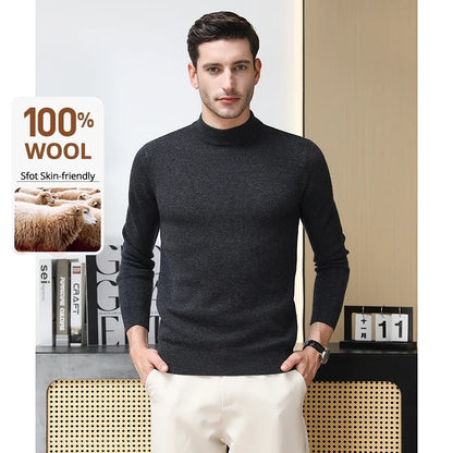 High End 100% Wool Thick New Autum Winter Fashion Brand Pullover Knit Half Turtleneck Business Sweater Casual Men Clothing