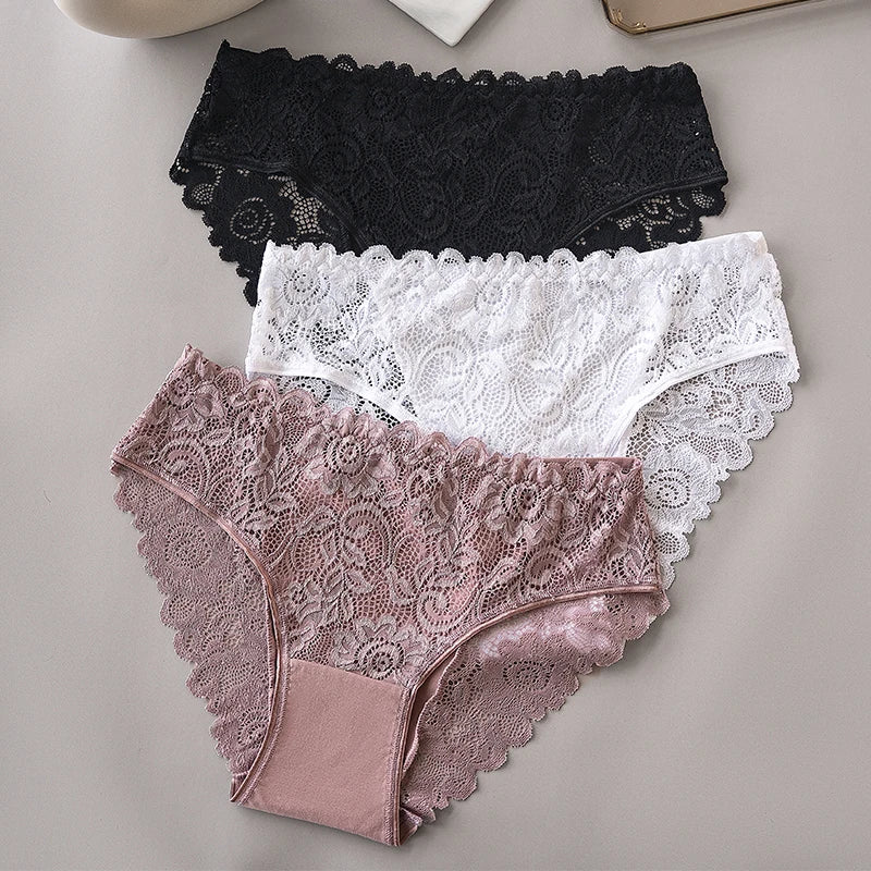 3PCS/Set Luxury Floral Embroidery Lace Panties Women Briefs Sexy Hollow Lingerie Female Underwear Ladies Breathable Underpants.