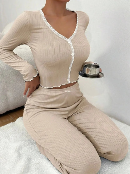 2024 Autumn Winter Homewear Pajamas Set for Women Long Sleeves Shirt Trousers 2 Pieces Sexy Lace Pijamas Sleepwear Loungewear.