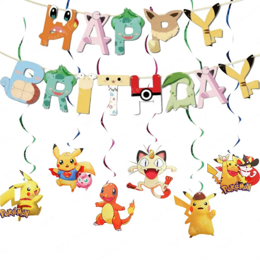 Pokemon-Geburtstagsdekorationsset, Cartoon-Anime-Pikachu-Papierbanner und 6 hängende Wirbel für Kinder, Jungen, Babyparty, Partyzubehör.