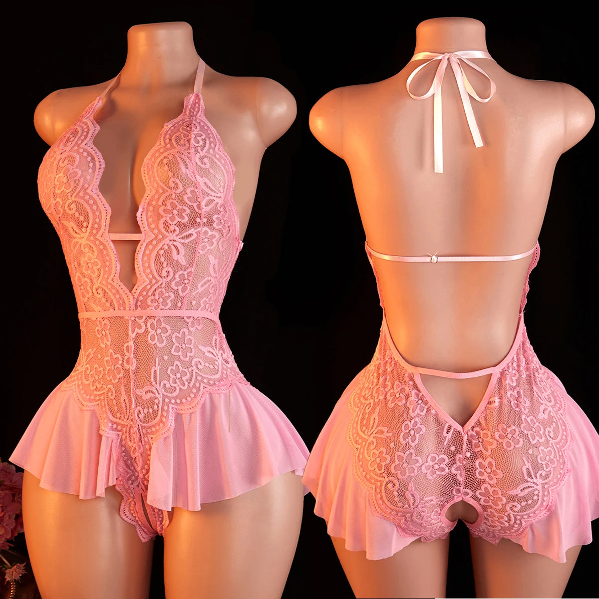 Pink Sexy Lace Bodysuits Crotchless Deep V Open Teddy Babydoll Sheer Sleepwear Elegant & Seductive Erotic Lingerie For Women.