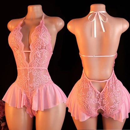 Pink Sexy Lace Bodysuits Crotchless Deep V Open Teddy Babydoll Sheer Sleepwear Elegant & Seductive Erotic Lingerie For Women.