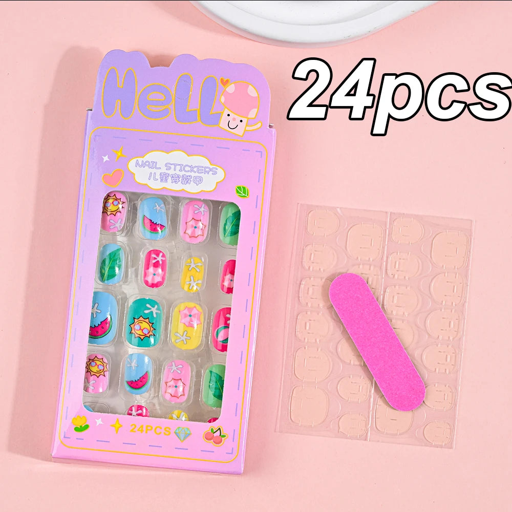 120pcs/box Pink Cartoon Children Press On Nails Candy Color Unicorn Cat Bunny Kids Full Cover False Nail Girls Party Nail Decora