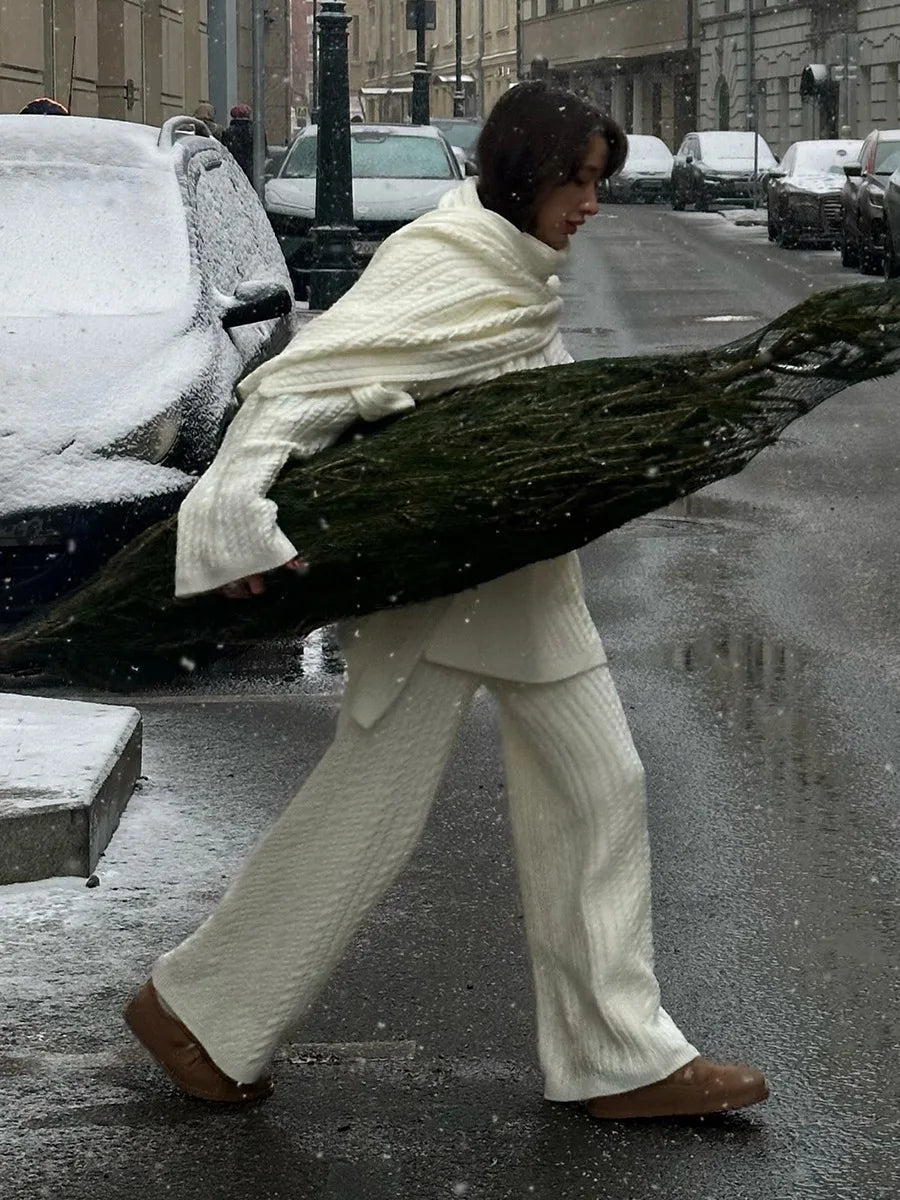 Bornladies Herbst Winter Mode frauen Neue Zopfmuster Pullover Breite Bein Hosen Set Weiche Wolle Mischung Lose Fit High Neck Pullover