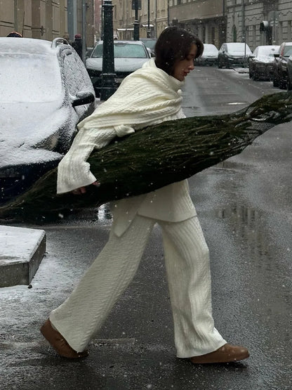 Bornladies Herbst Winter Mode frauen Neue Zopfmuster Pullover Breite Bein Hosen Set Weiche Wolle Mischung Lose Fit High Neck Pullover