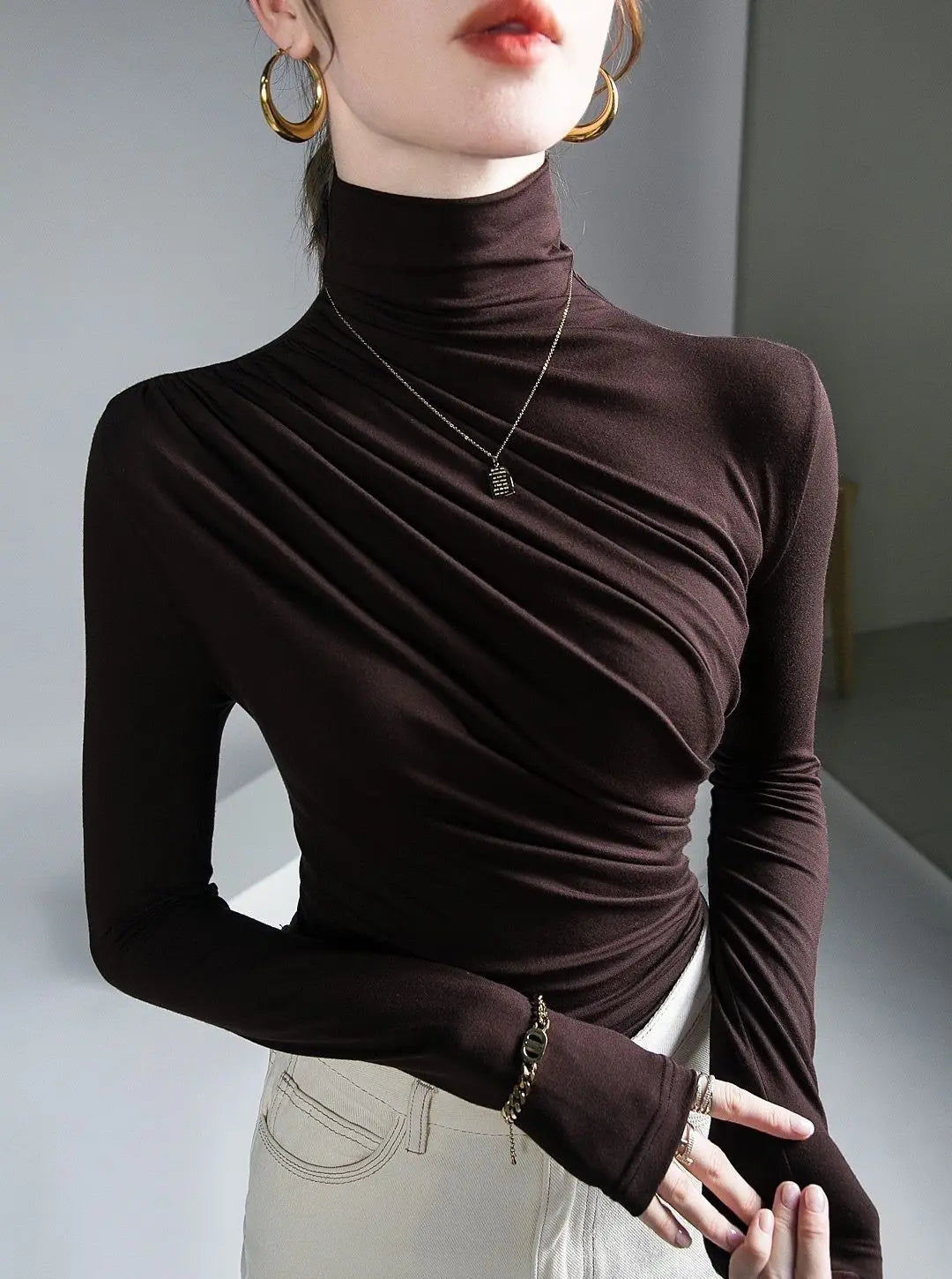 Pleated Stretch T-shirt New Spring Autumn Turtleneck Bottoming Pullover Women's Casual Elegant Basic Top Shirts Harajuku Gothic.