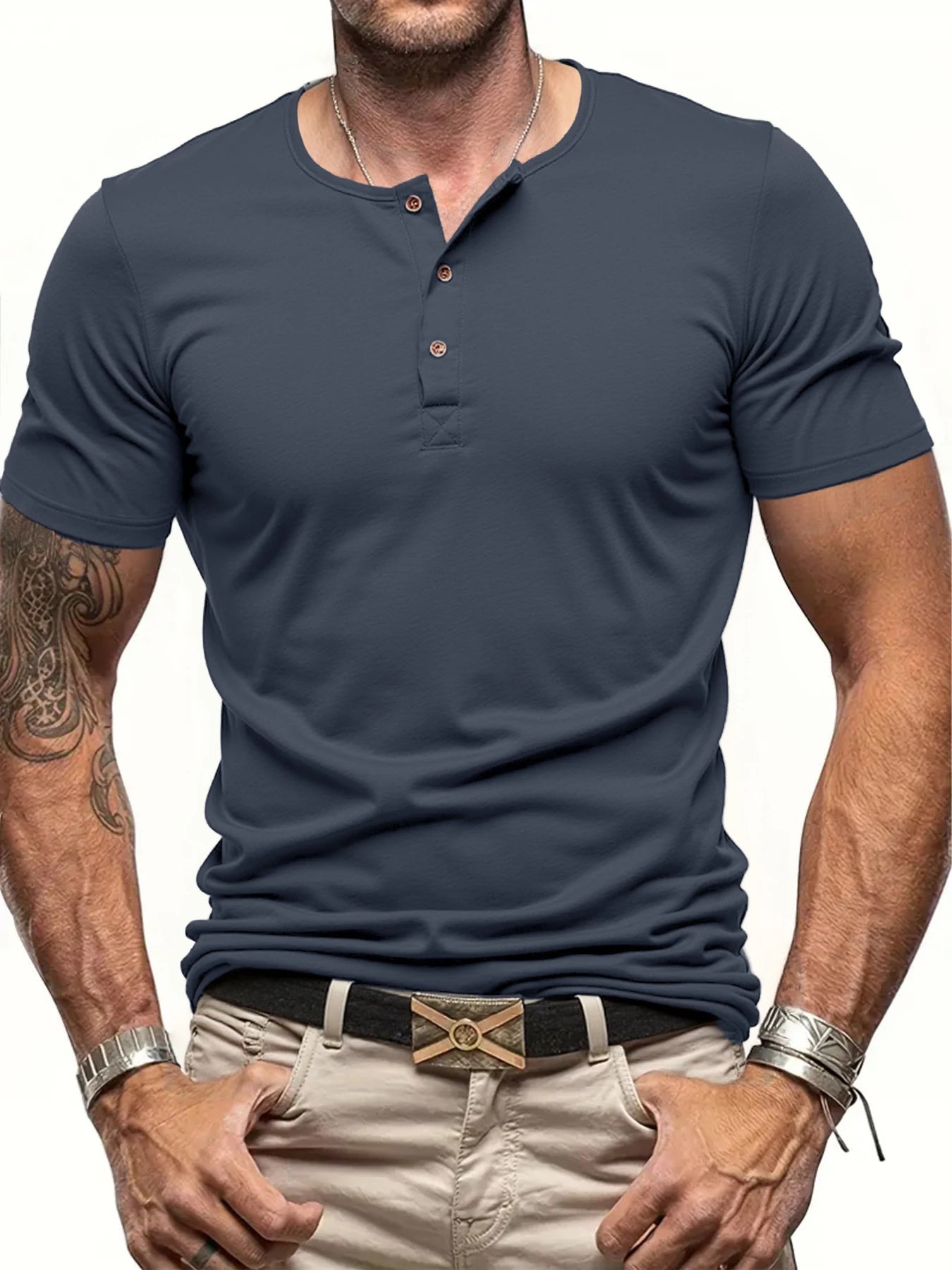Men's Short Sleeve Henley Neck T-shirt Solid Color Male Tops Slim Fit Button Neck Casual Cozy Tshirt  Streetwear.