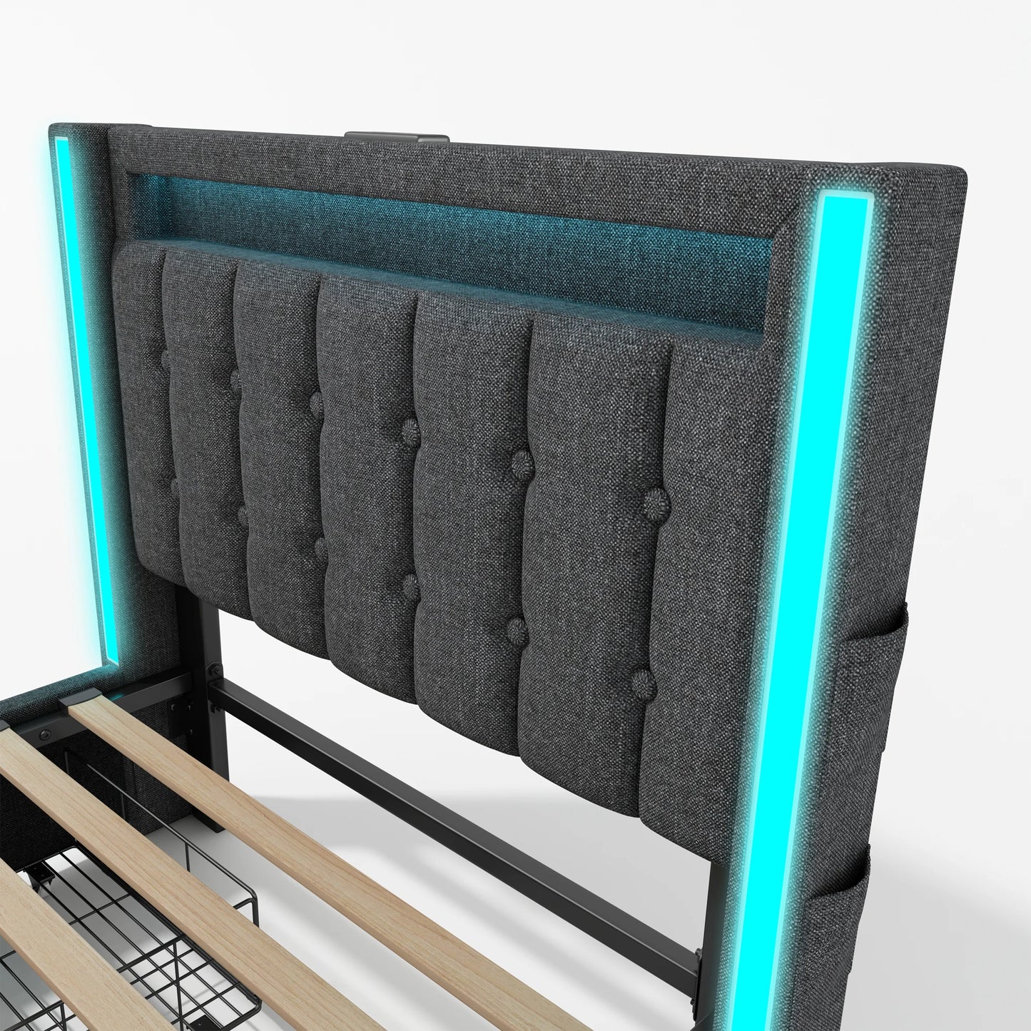 KOMHTOM Polsterbett Einzelbett Jugendbett 90x200 cm Grau - USB Typ C Ladefunktion, LED-Beleuchtung, 2 Schubladen, ohne Matratze