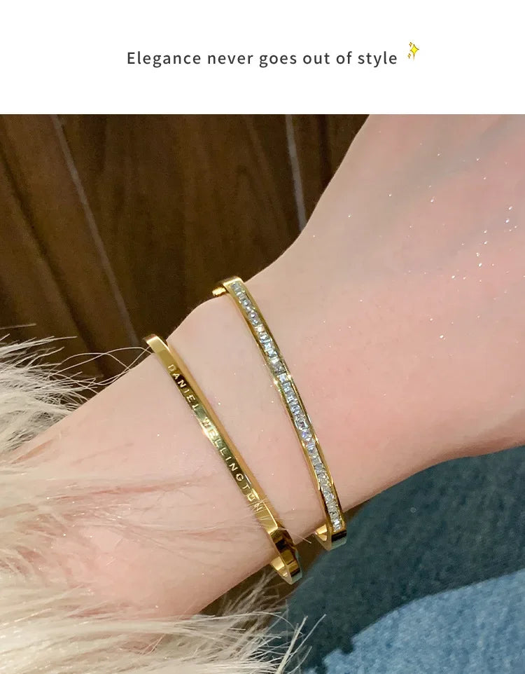 Titanium Steel Gold Silver Color Bangles for Women Girls Trend Waterproof Jewelry Luxury Sparkling Zircon Bracelet Bangle.