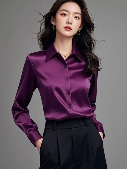 High Quality Silkly Satin Women's Shirt Office Ladies Long Sleeve Blouses Polo Neck Gold shirt Button Luxury Casual women tops.