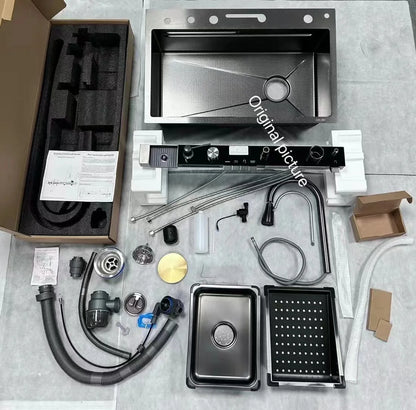 Whale sink kitchen single bowl nano black honeycomb LED digital display flying rain stainless steel large single bowl sink