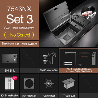 ASRAS Nanometer Hidden Flip Cover kitchen Island Sink 4mm Thickness Handmade Cup Rinser And Trash Can Kitchen Sinks