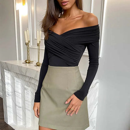 Sexy Off Shoulder Bodysuits Women Fashion Black Crossed Folds Skinny Rompers Long Sleeve Fashion Streetwear Autumn Bodysuits New