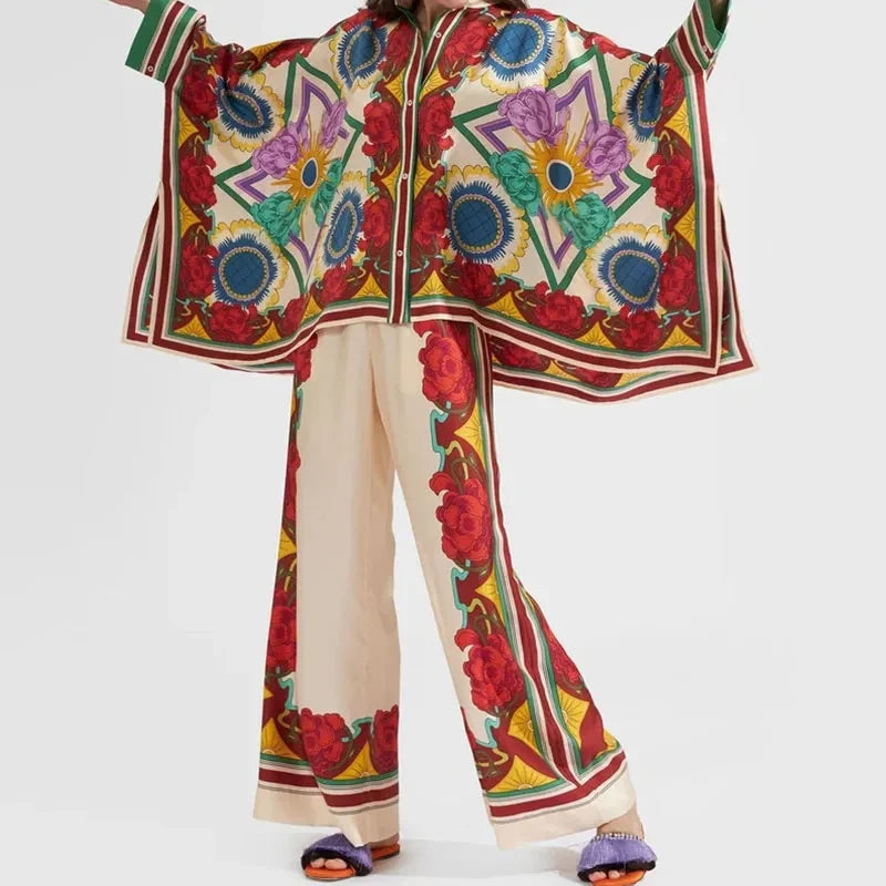 Retro Printed Loose Indie Folk Outfit Women Spring Stand Collar Button Irregular Top+Pant Set Fall Batwing Long Sleeve 2pcs Suit.