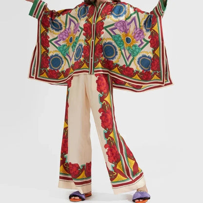 Retro Printed Loose Indie Folk Outfit Women Spring Stand Collar Button Irregular Top+Pant Set Fall Batwing Long Sleeve 2pcs Suit.