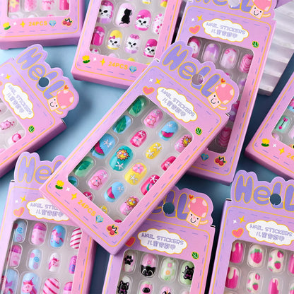 24Pcs/box Kids nails for Girl Cartoon Pattern False Nail Cute Child Fake Nails Tips Kawaii Acrylic Artificial Press on Nail+Tool.