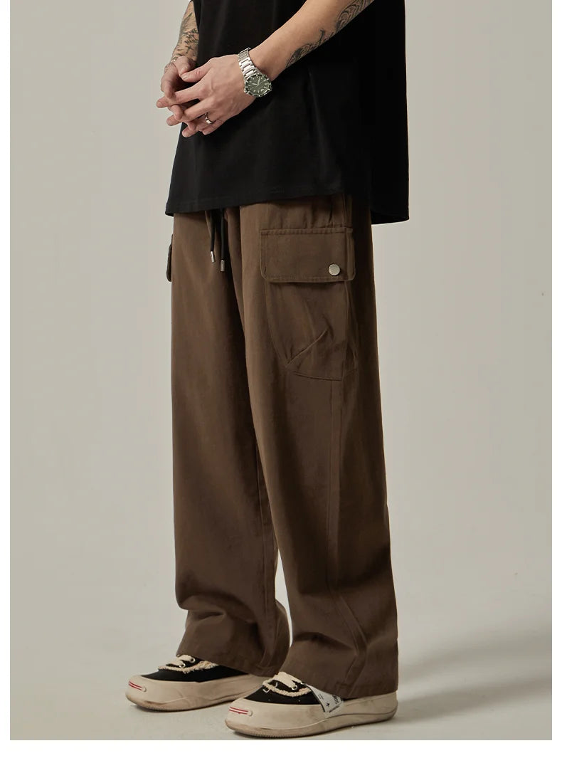 Men's Sweatpants 2025 Spring Autumn Vintage Japanese Wide Leg Straight Loose Button Big Pockets Cargo Pants Drawstring Trousers.