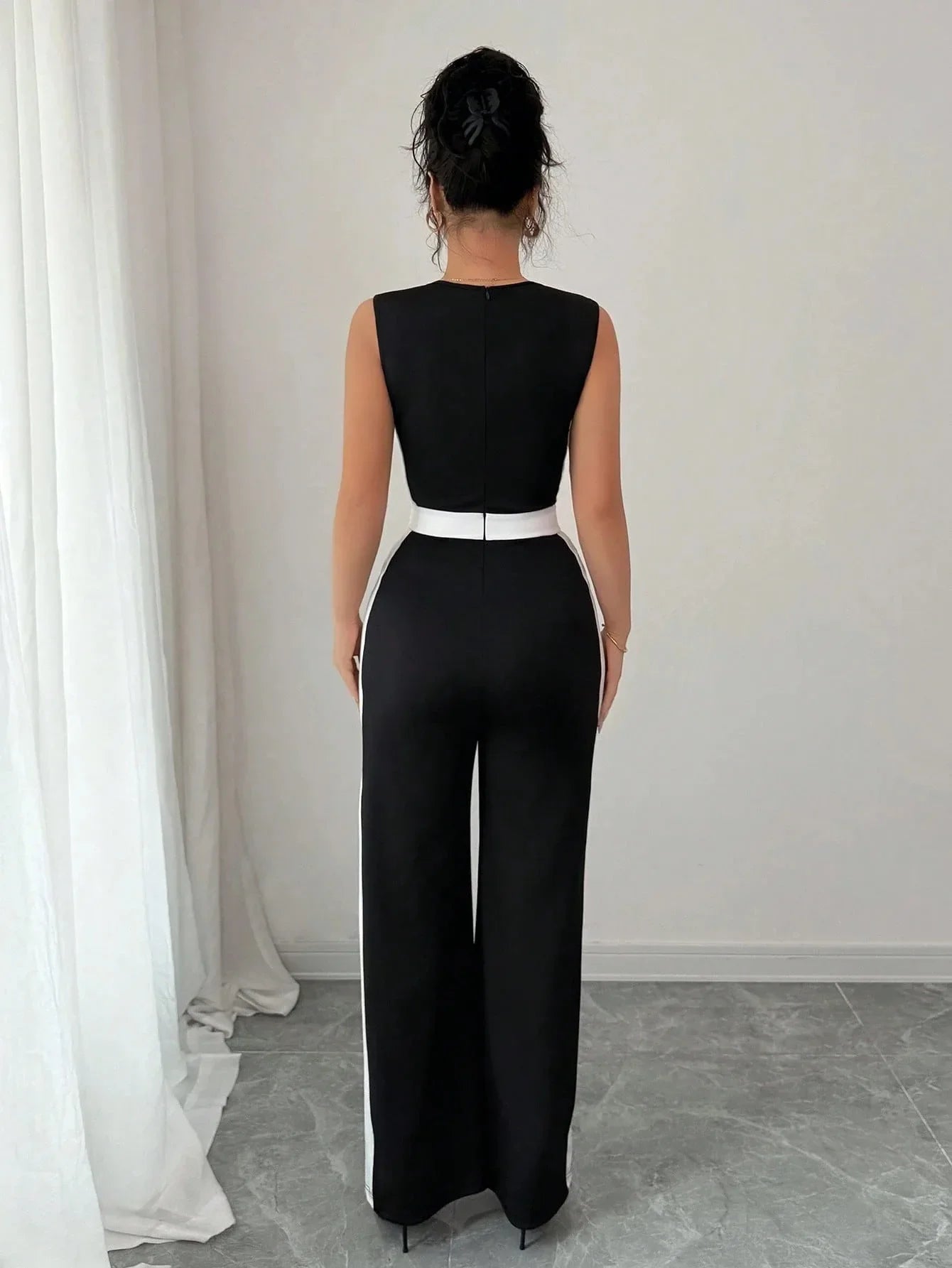 Elegant Color Block Wide Leg Jumpsuit Sleeveless Women's Spring Summer Vacation Style Cross-Border Fashion Ladies' Outfit.
