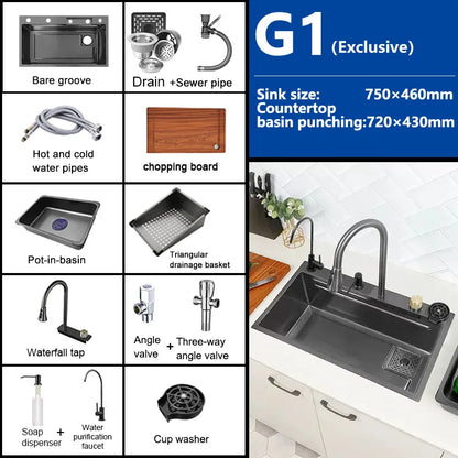 Waterfall Sink Kitchen Stainless Steel Topmount Sink Large Single Slot Wash Basin With Multifunction Touch Waterfall Faucet