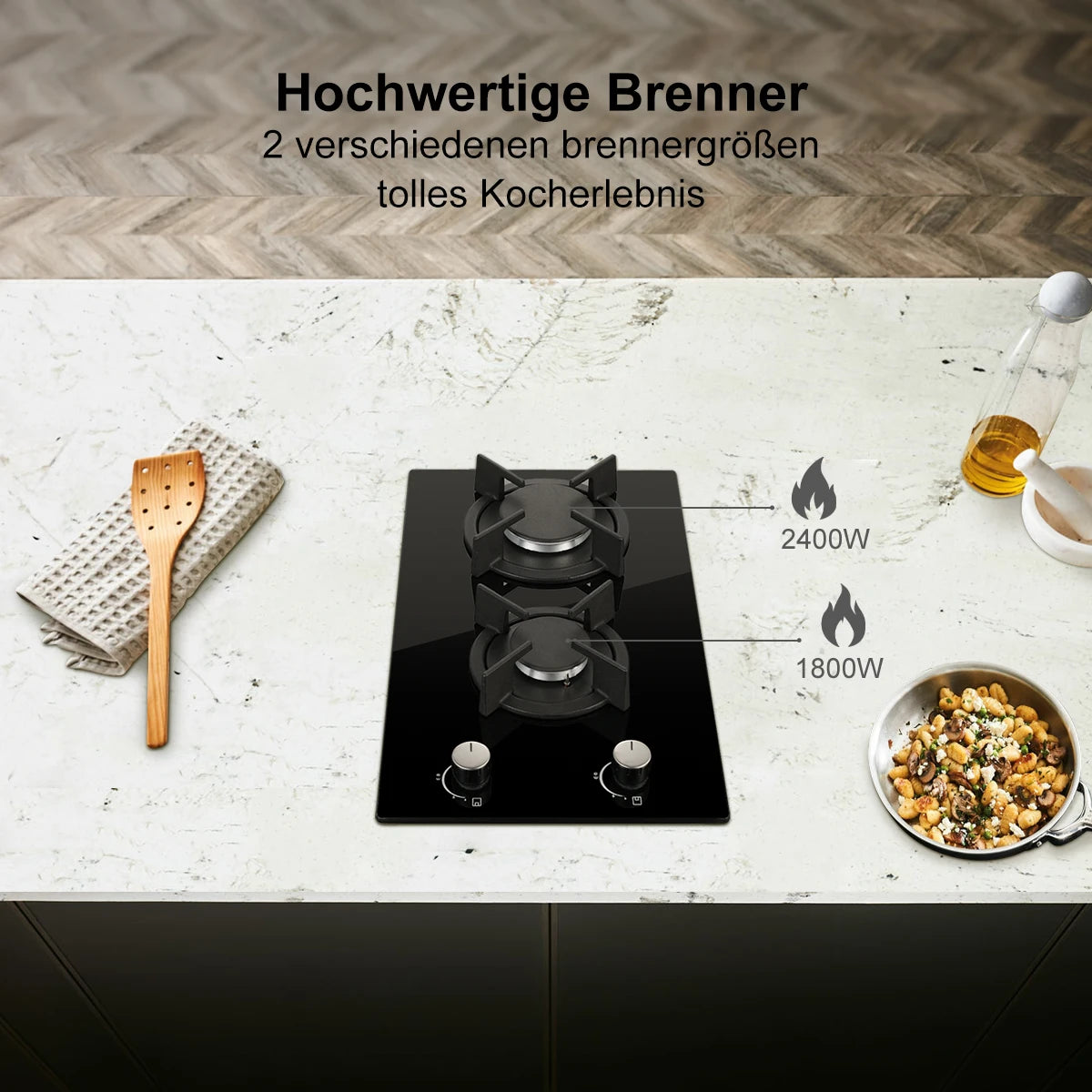 30cm Glass Gas Hob 2400W/1800W Dual Gas (Natural/Propane) Auto Flame Safety 2 LED Bulbs Built-in or Freestanding 220-240V CE.