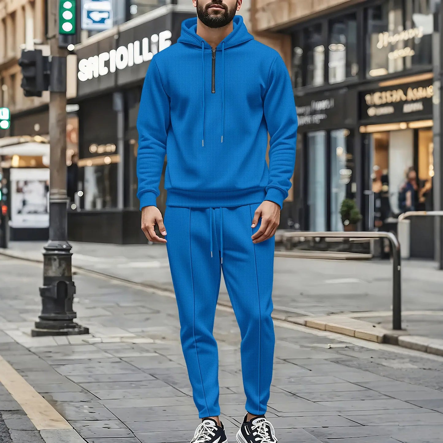 Men's Autumn Waffle Solid Color Hooded Half-Zipper Drawstring Long-Sleeved Sweatshirt And Long Pants Set Casual Comfortable Outf.