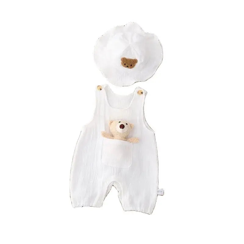 2024 sommer Solide Weiß Atmungsaktive Leinen Infant Baby Insgesamt Strampler mit Puppe und Hut 3 stücke Unisex Baby Sonnencreme Overalls.