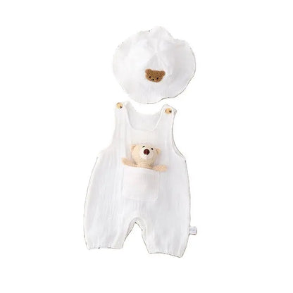 2024 sommer Solide Weiß Atmungsaktive Leinen Infant Baby Insgesamt Strampler mit Puppe und Hut 3 stücke Unisex Baby Sonnencreme Overalls.