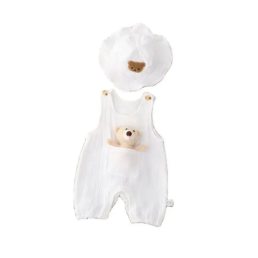 2024 sommer Solide Weiß Atmungsaktive Leinen Infant Baby Insgesamt Strampler mit Puppe und Hut 3 stücke Unisex Baby Sonnencreme Overalls.