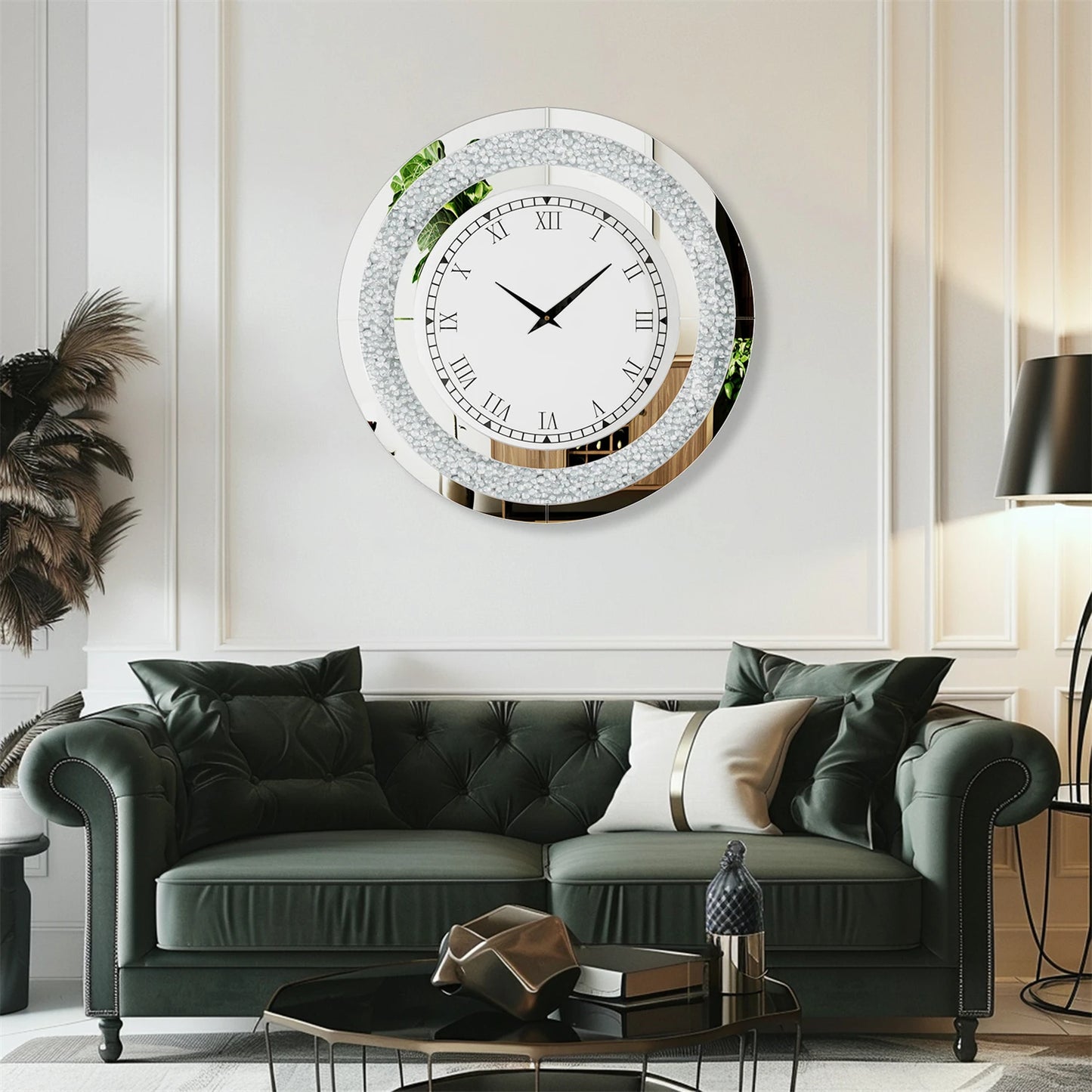 60/80CM Bling Silber Runde Spiegeluhr Glam Sparkle Twinkle Shining verspiegelte Wanduhr für Heimdekoration