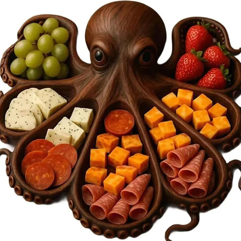 Ocean themed fresh and unique octopus cooked food tray, cheese meat fruit tray, wooden serving tray.