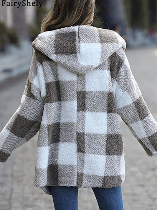 2025 herbst Winter Frauen Plüsch Mit Kapuze Jacke Weibliche Elegante Dicke Lose Plaid Print Mantel Damen Casual Zwei-seitige warme Lange Mantel