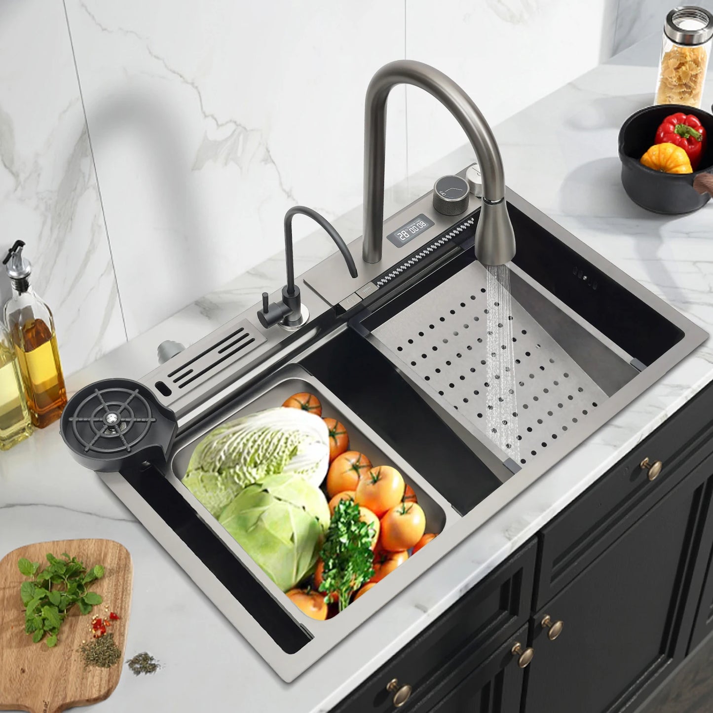Küchenspüle aus Edelstahl mit ausziehbarem Wasserhahn, Wasserfallspüle mit Digitalanzeige, multifunktionale Küchenspüle für die Arbeitsstation