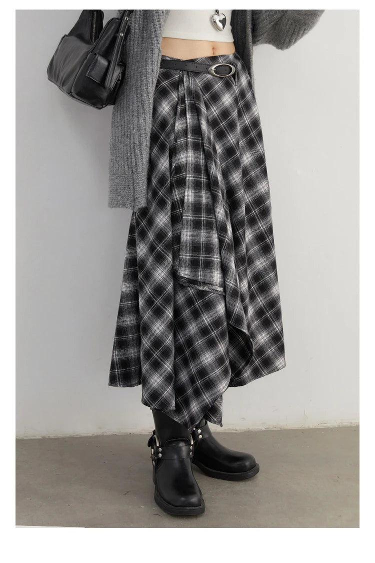 CHIC VEN Women Skirts A Line Retro Loose High Waist Irregular Color Plaid Frosted Half Body Long Ladies Skirt Winter 2025