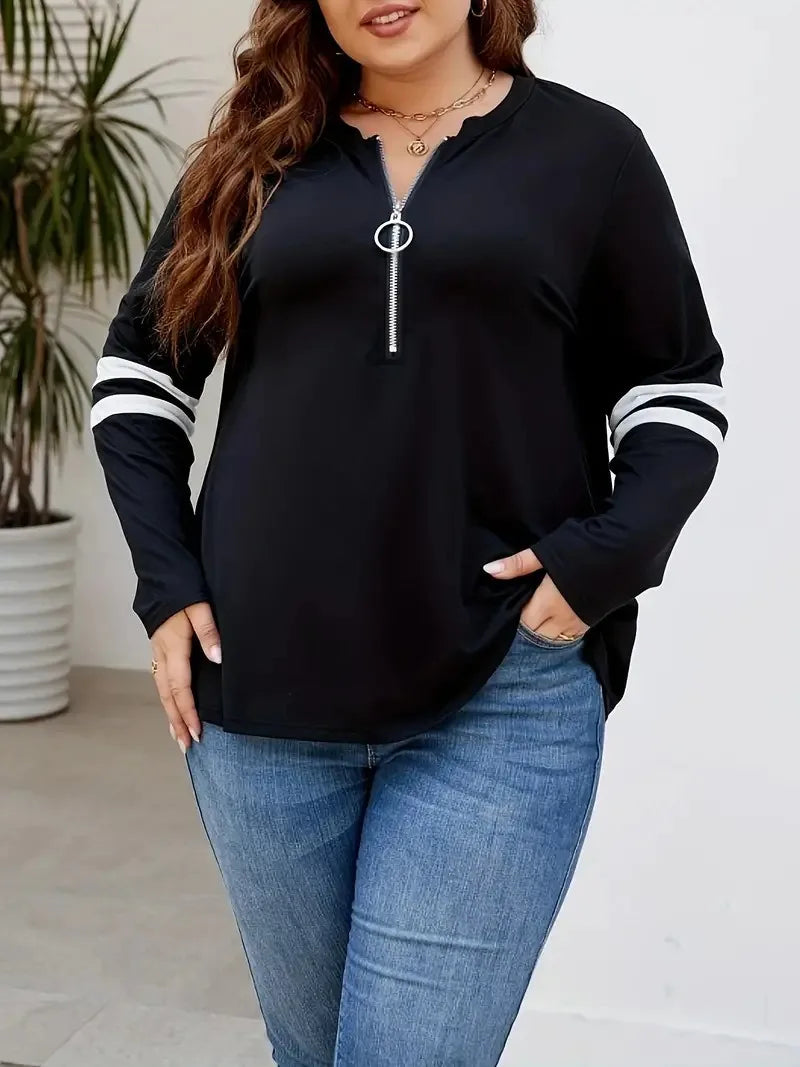 Gibsie Plus Size schwarz O-Ring Reiß verschluss vorne Sweatshirts Frauen Frühling Herbst Streifen Langarm weibliche lässige Pullover Tops.