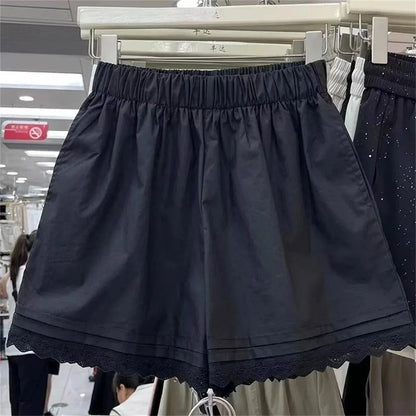 White Lace Trim Patchwork Casual Shorts for Women's High Waisted Wide Leg Vacation Beach Pants Loose Thin Bottoms Home Shorts.