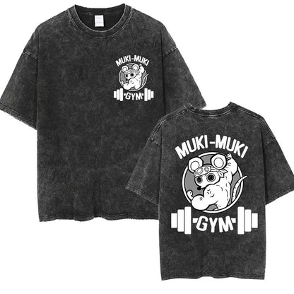 Japanese Anime Demon Slayer Uzui Tengen Vintage Washed T Shirts Funny Ninja Mice Muki Muki Gym Muscular Mouse Oversized T-shirt.