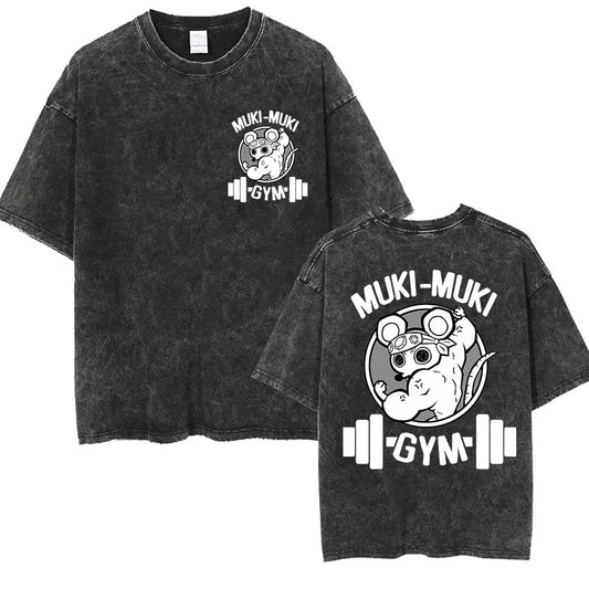 Japanese Anime Demon Slayer Uzui Tengen Vintage Washed T Shirts Funny Ninja Mice Muki Muki Gym Muscular Mouse Oversized T-shirt.