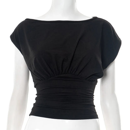 CUTENOVA Solid Color One Shoulder Slant Neck Waist Shrinking Pleated Tank Top Women'S Summer New Casual Simple Fashion Tank Top.