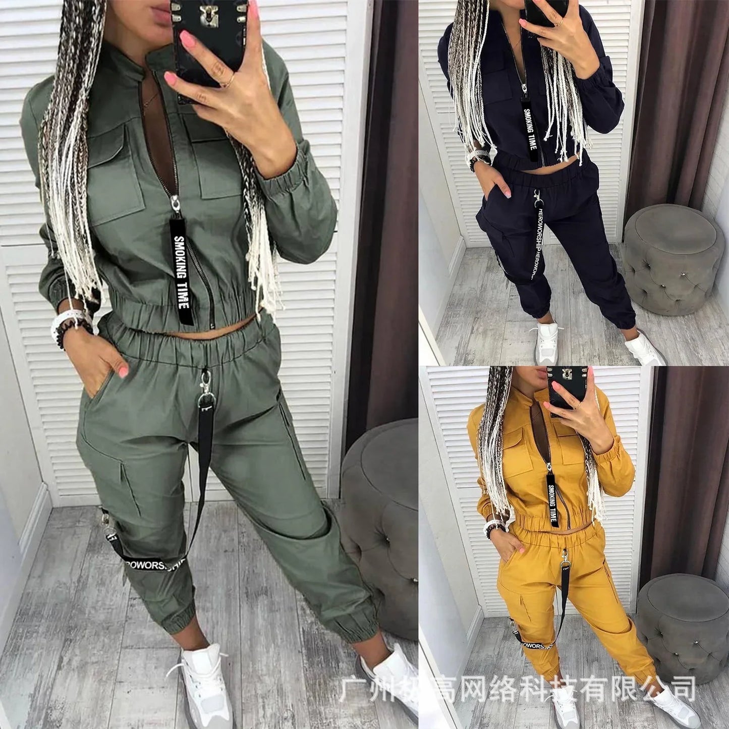 New Women Fashion Casual Autumn Winter 2pcs Clothes Set Pockets Zipper Long Sleeve Top Elastic Waist Pants Cargo Solid Color.
