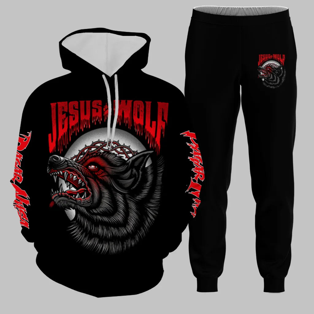 Men's Hoodie Set Funny 3D Wolf Print Hoodies Pants Sports Suit Autumn Winter Casual Sweatshirts 2 Piece Outfit Fashion Tracksuit.