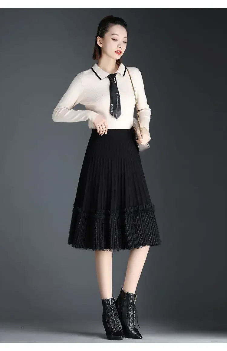 Korean Fashion Autumn Winter Women Solid Elastic High Waist Lace Patchwork Simplicity Mid-length A-line Pleated Knitted Skirt.